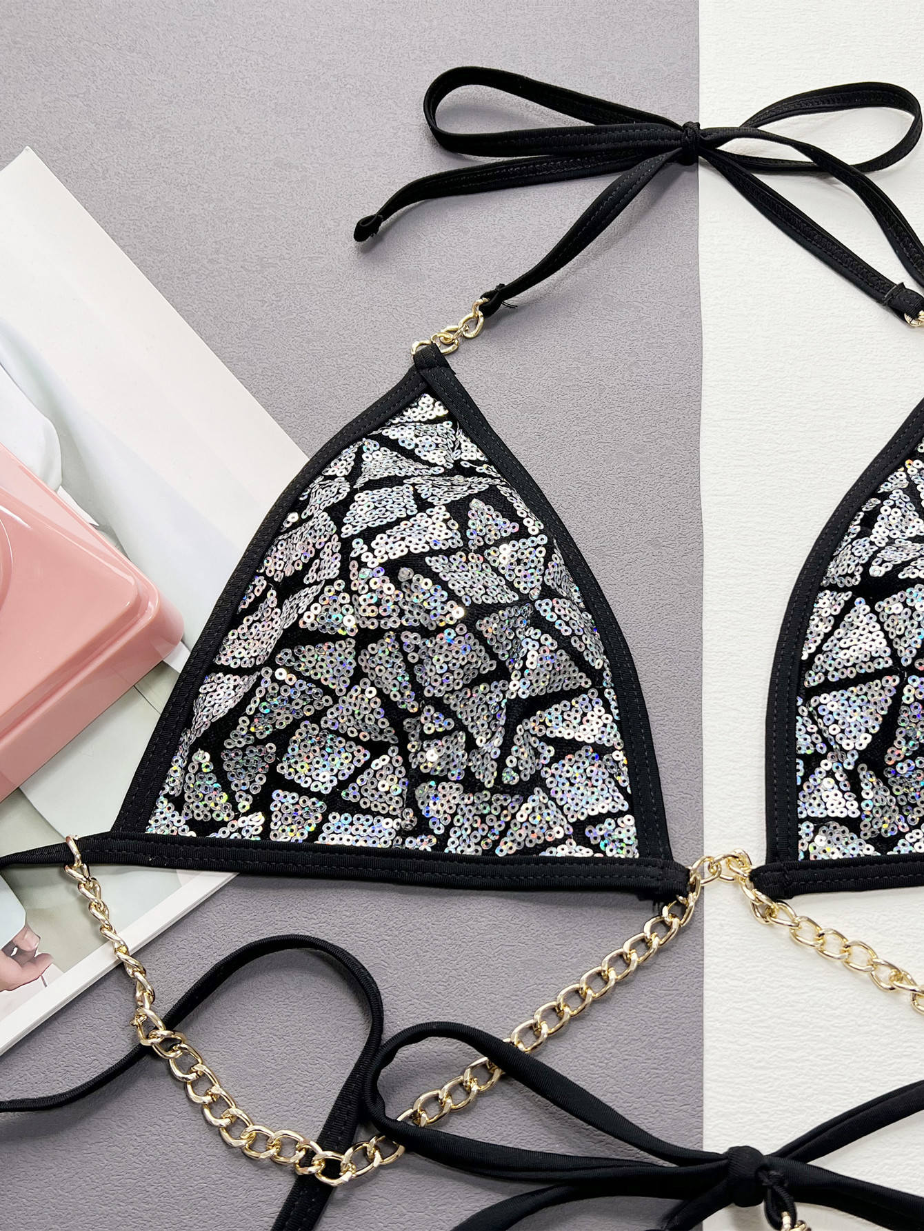 Two Pieces Swimsuit Women Glitter Fabric Sexy Chain Bikini Swimwear