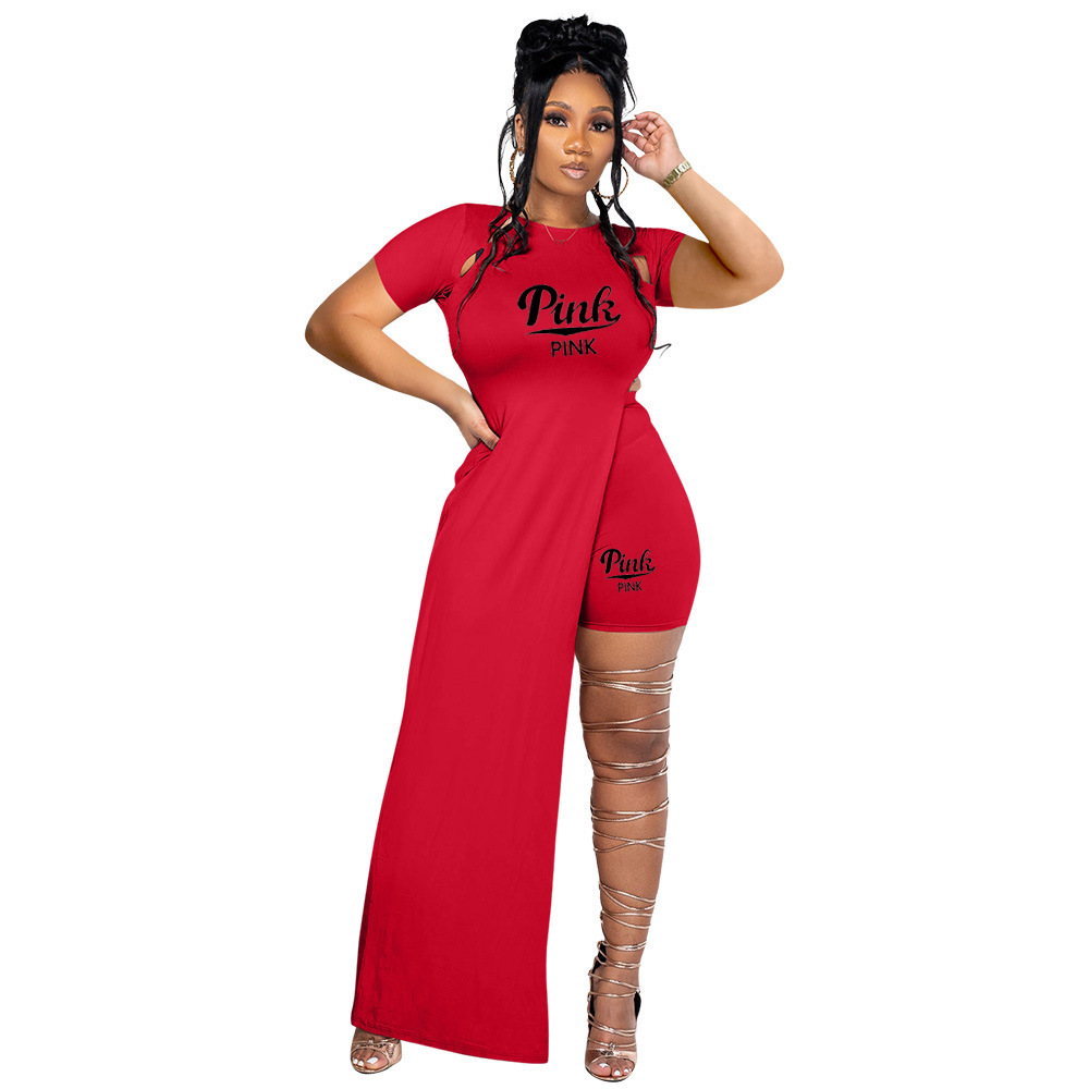 Women's spring summer women's short-sleeved sexy slit slim two-piece suit