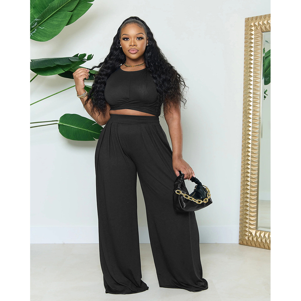 Plus Size Women's Summer Two-Piece Set Solid Color Casual Short Sleeve Wide Leg Pants Set