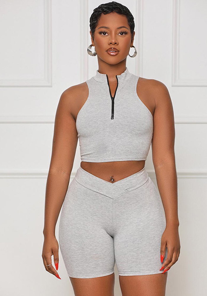 Women Summer Solid Sleeveless Zipper Collar Crop Top and Shorts Two Piece Set