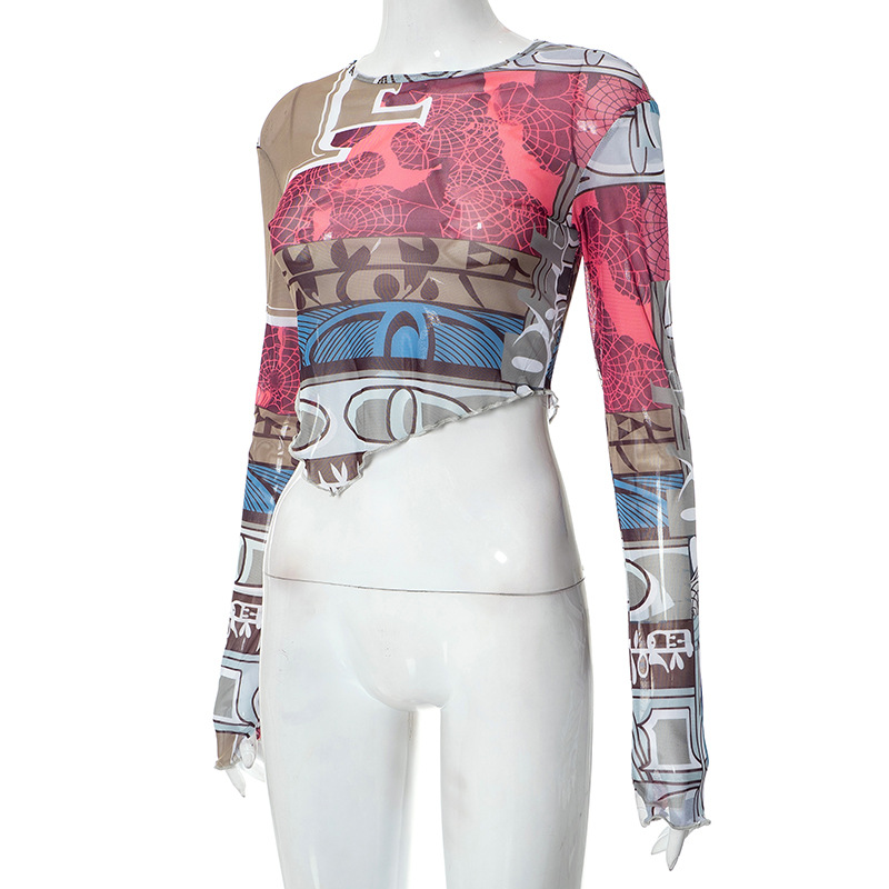 Women's Summer Sexy Mesh Digital Printing Round Neck Long Sleeve Crop Top