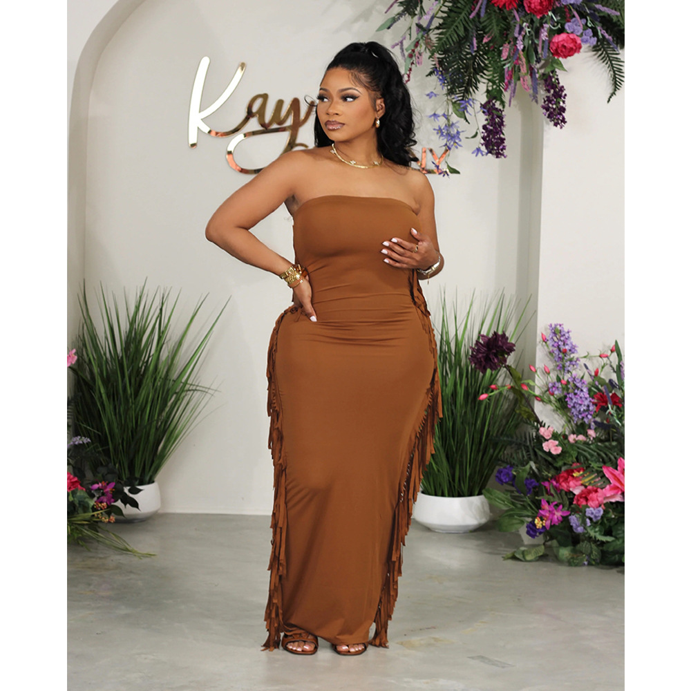 Summer Plus Size Women's Strapless Tight Fitting Slit Tassel Dress