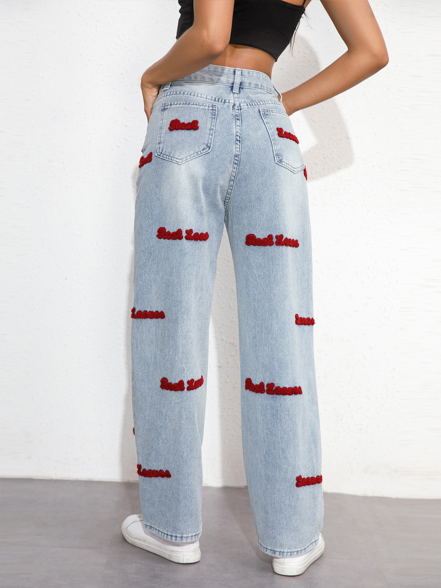 Women's Loose Wide Leg Sexy High Waist Letter Ripped Plus Size Denim Pants