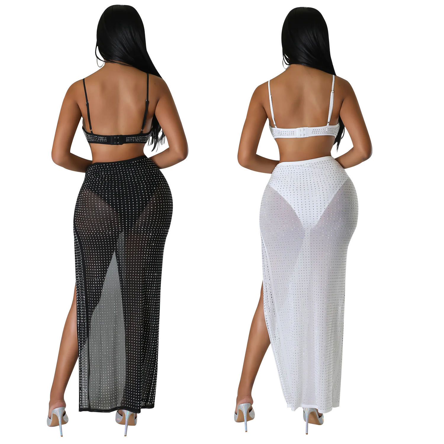 Summer Women's Sexy Mesh Beaded Nightclub Dress Two-Piece Set