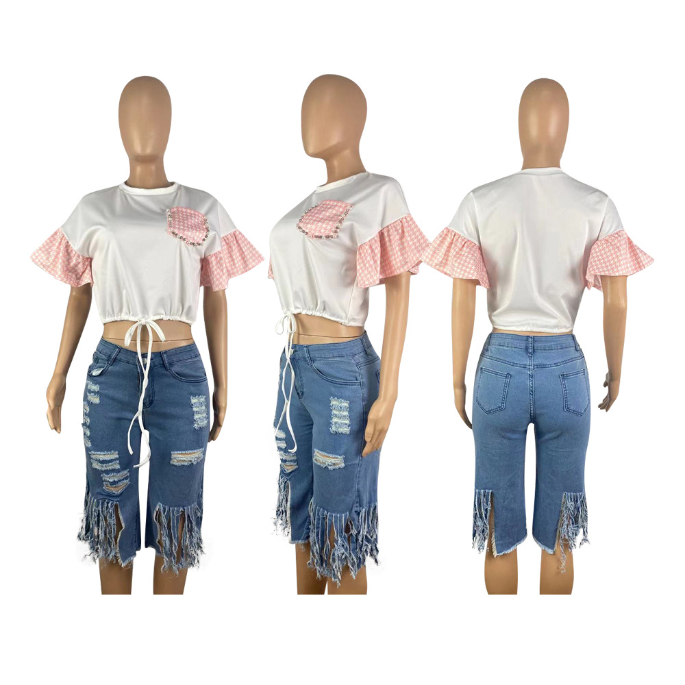 Women Round Neck Beaded Rhinestone Lace-Up Bell Bottom Sleeve Shirt