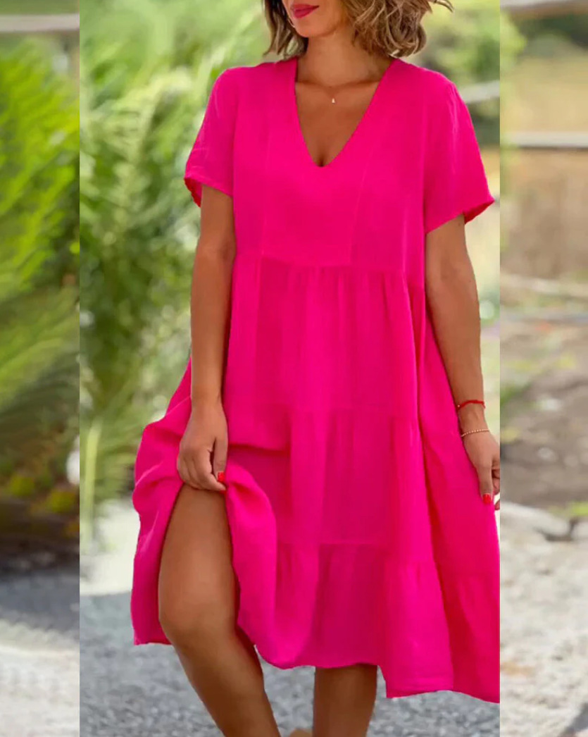 Summer Women V-Neck Solid Casual Dress