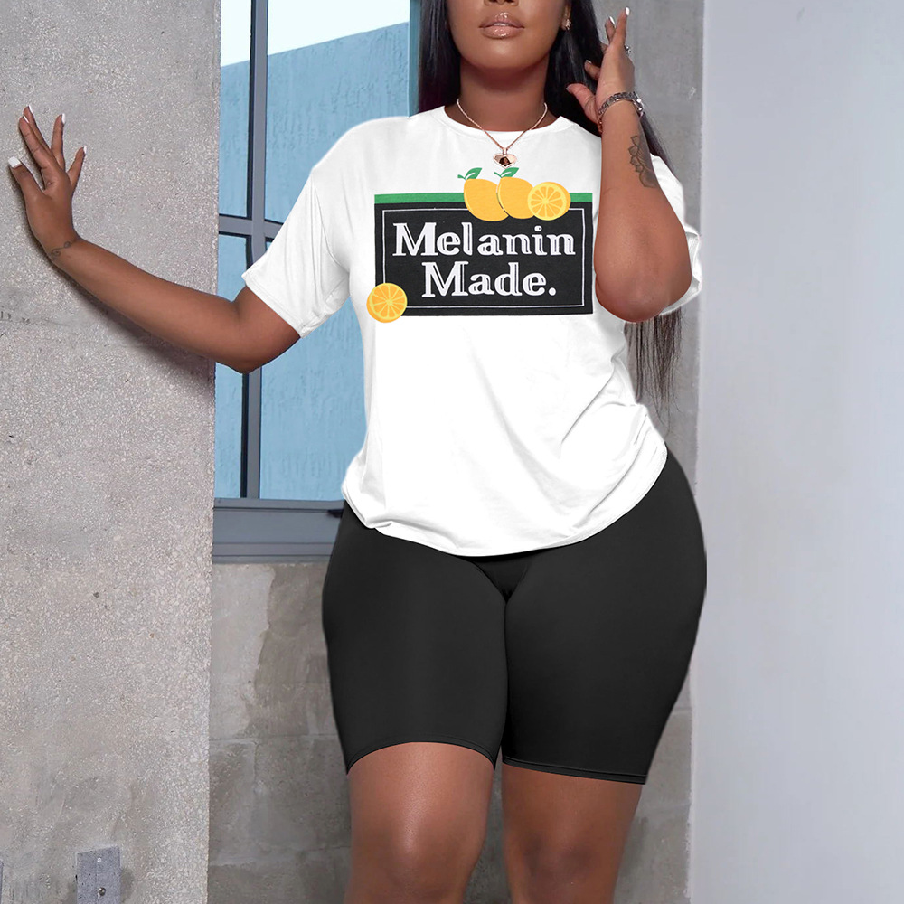 Women Clothing Casual Letter Print Round Neck Short Sleeve Top and Shorts Sports Two Piece Set