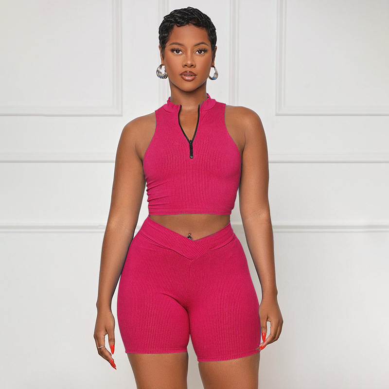Women Summer Solid Sleeveless Zipper Collar Crop Top and Shorts Two Piece Set