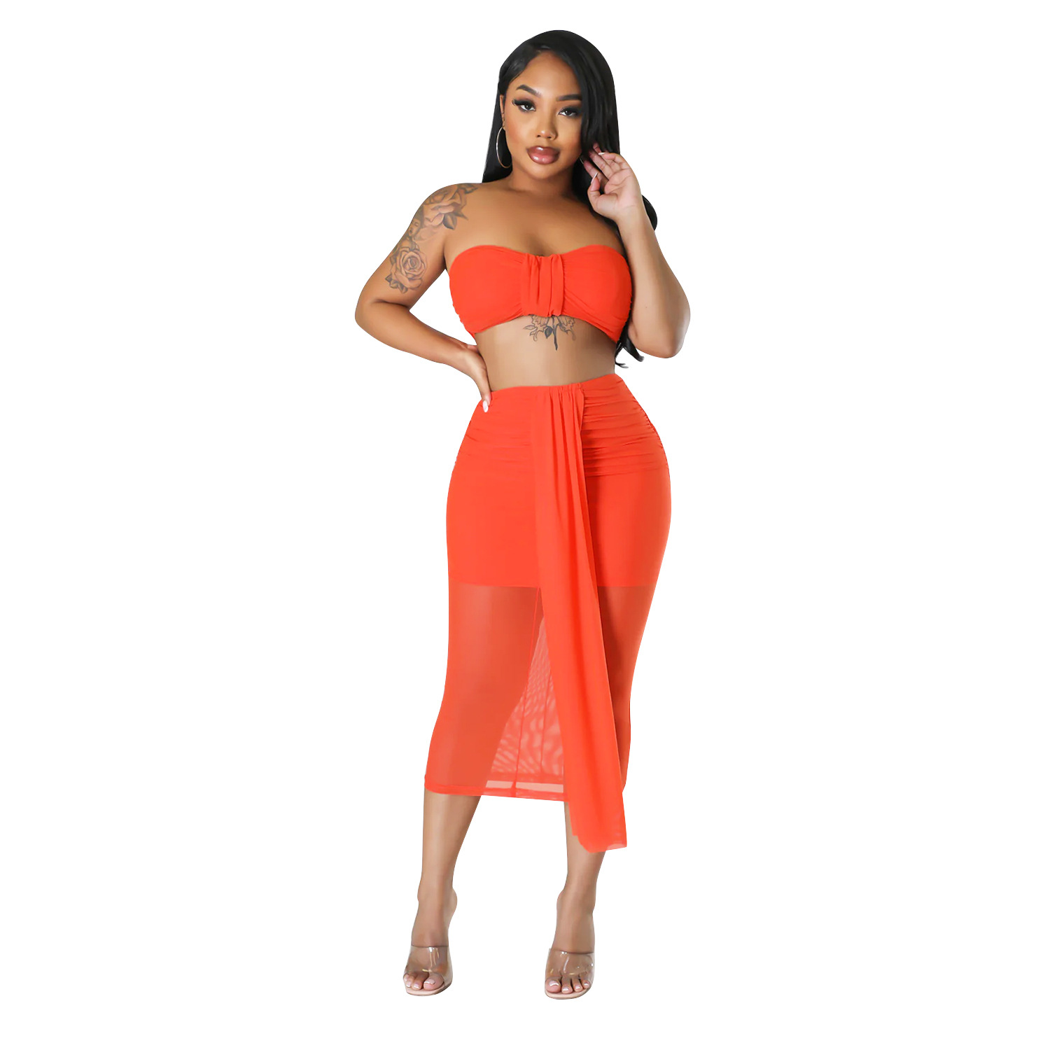 Summer women's sexy mesh See-Through skirt two-piece set
