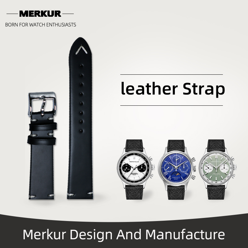 New MERKUR Watch Soft  Leather Band Strap 18MM Green Black  From Merkur Military  water Resist For Mens Womens Watches Diver Chronograph Tourbillon Vintage Retro Pilot Watch Seagull 1963