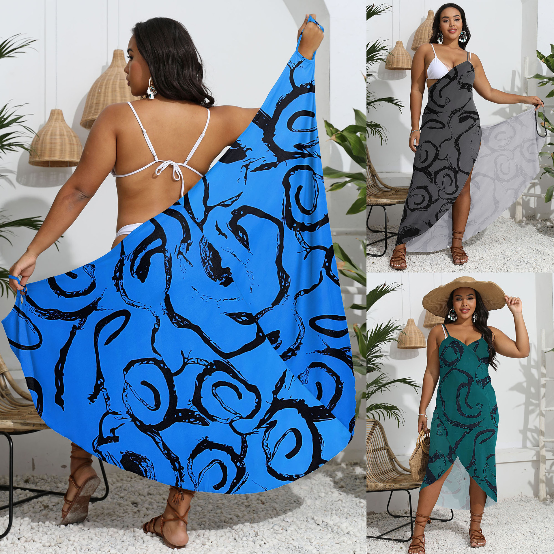 Plus Size Women Printed One Piece Irregular Shawl Beach Dress