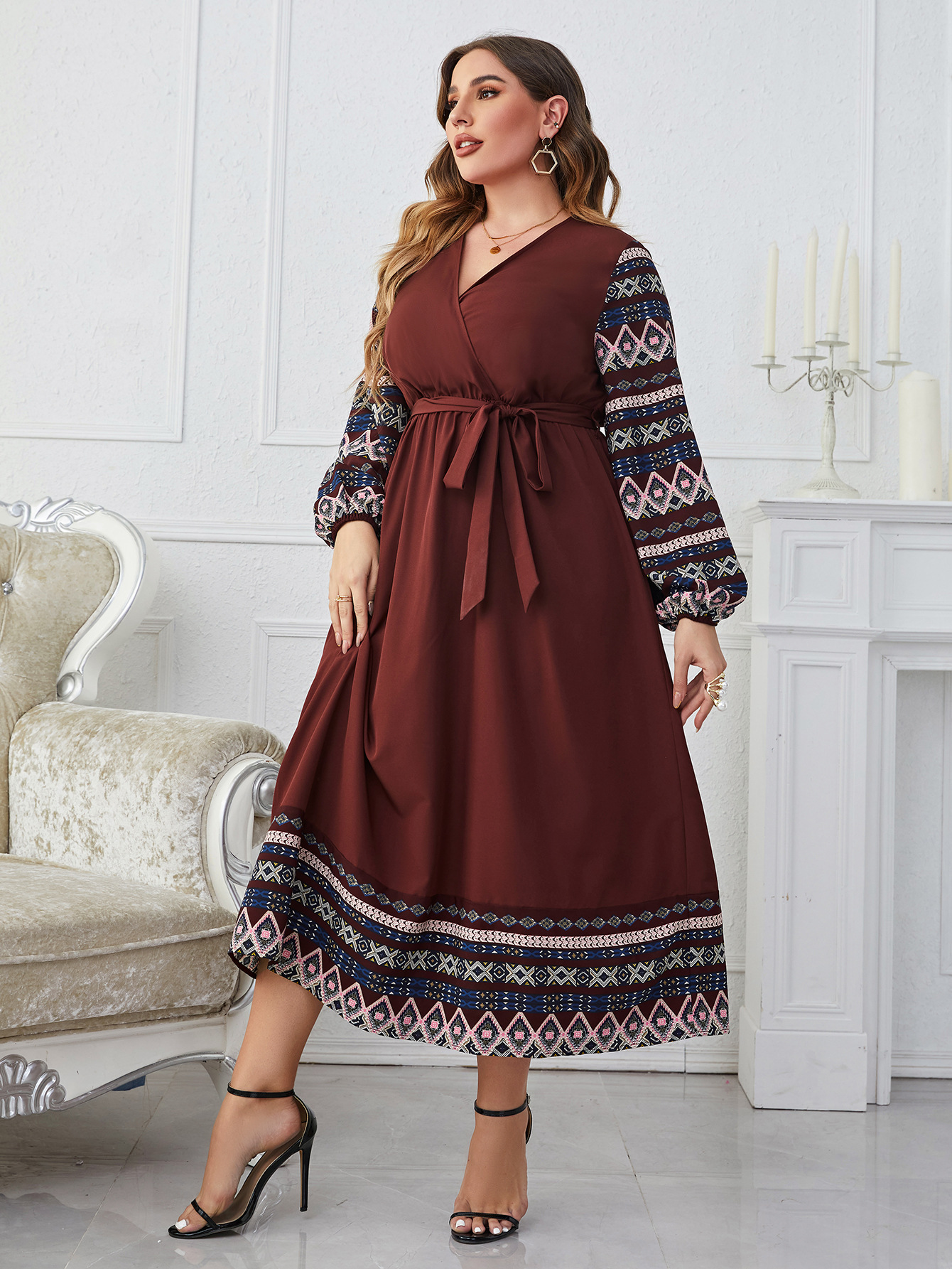 Plus Size Women Tie V-Neck Long Sleeve Dress