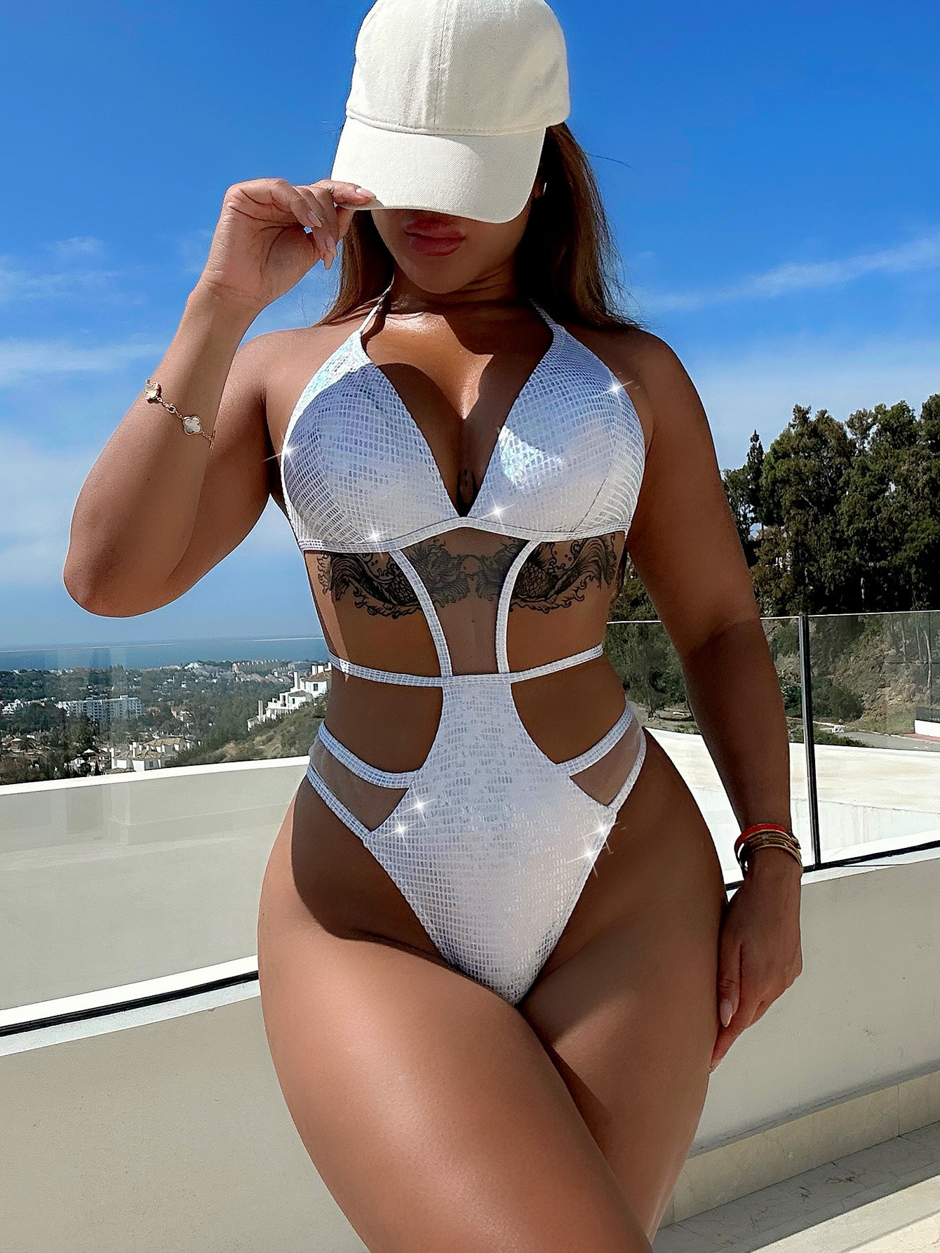 Two Pieces Swimsuit Women's Glitter Fabric Sexy One-Piece Bikini Swimwear