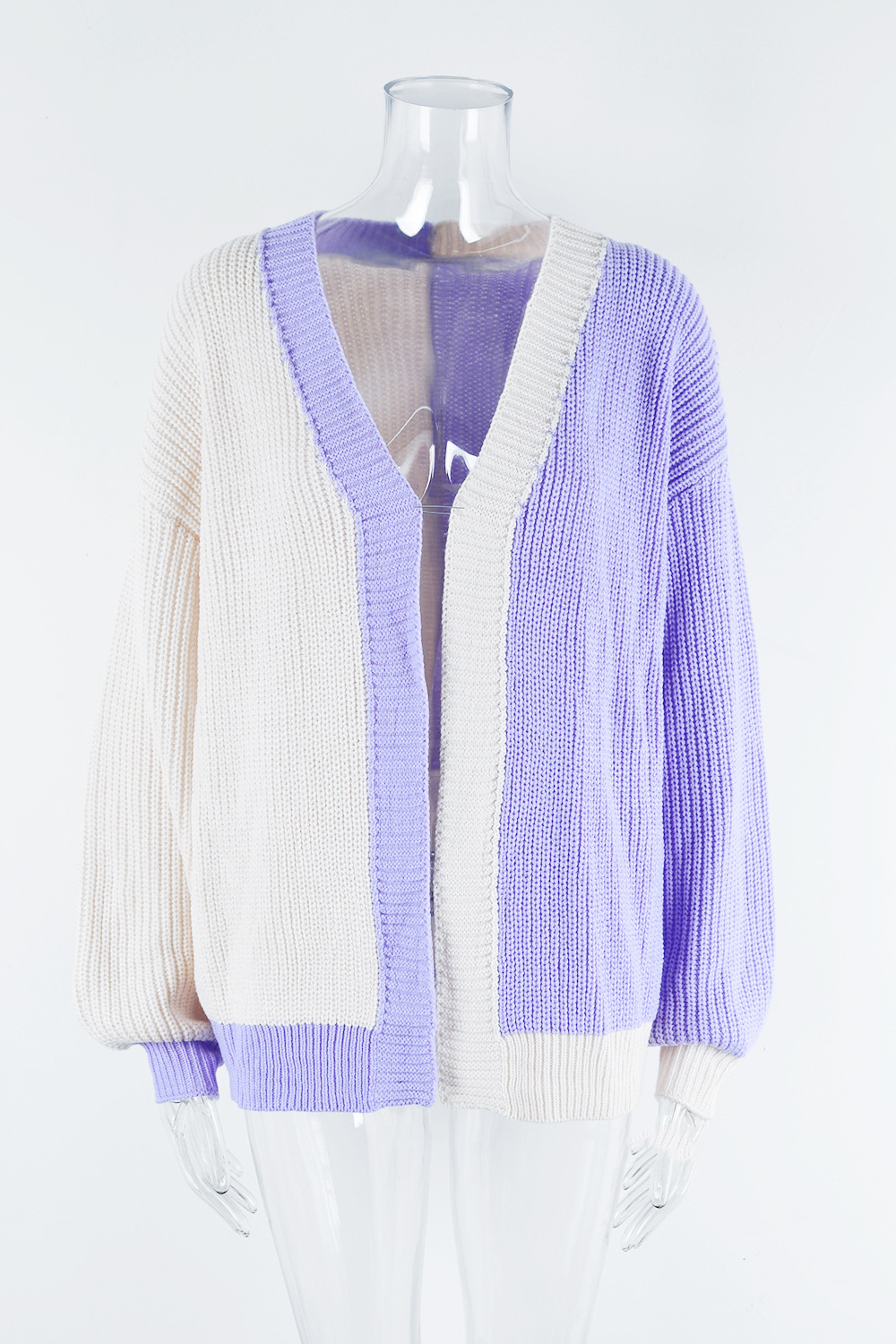 Plus Size Women Loose Patchwork Colorblock Knitting Cardigan Sweater