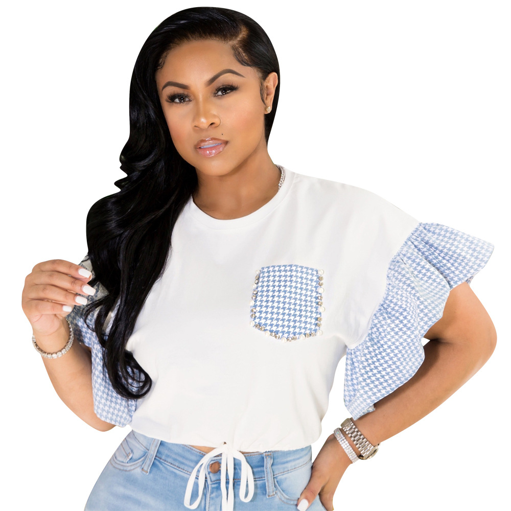 Women Round Neck Beaded Rhinestone Lace-Up Bell Bottom Sleeve Shirt