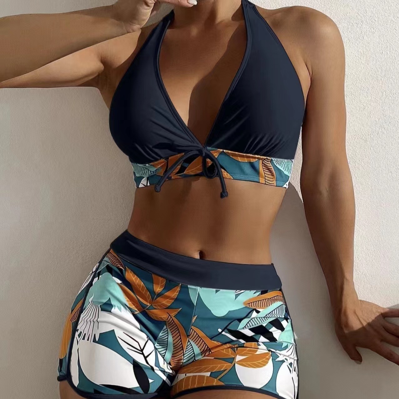 Women's Swimsuit Two Pieces High Waist Patchwork Tie Square Leg Varsity Sport Surf Bikini