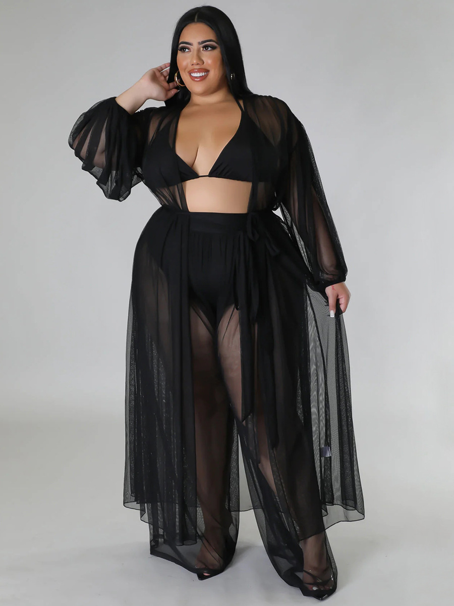 Women's Solid Bat Sleeves Sexy See-Through Long Sleeve Plus Size Two-Piece Pants Set
