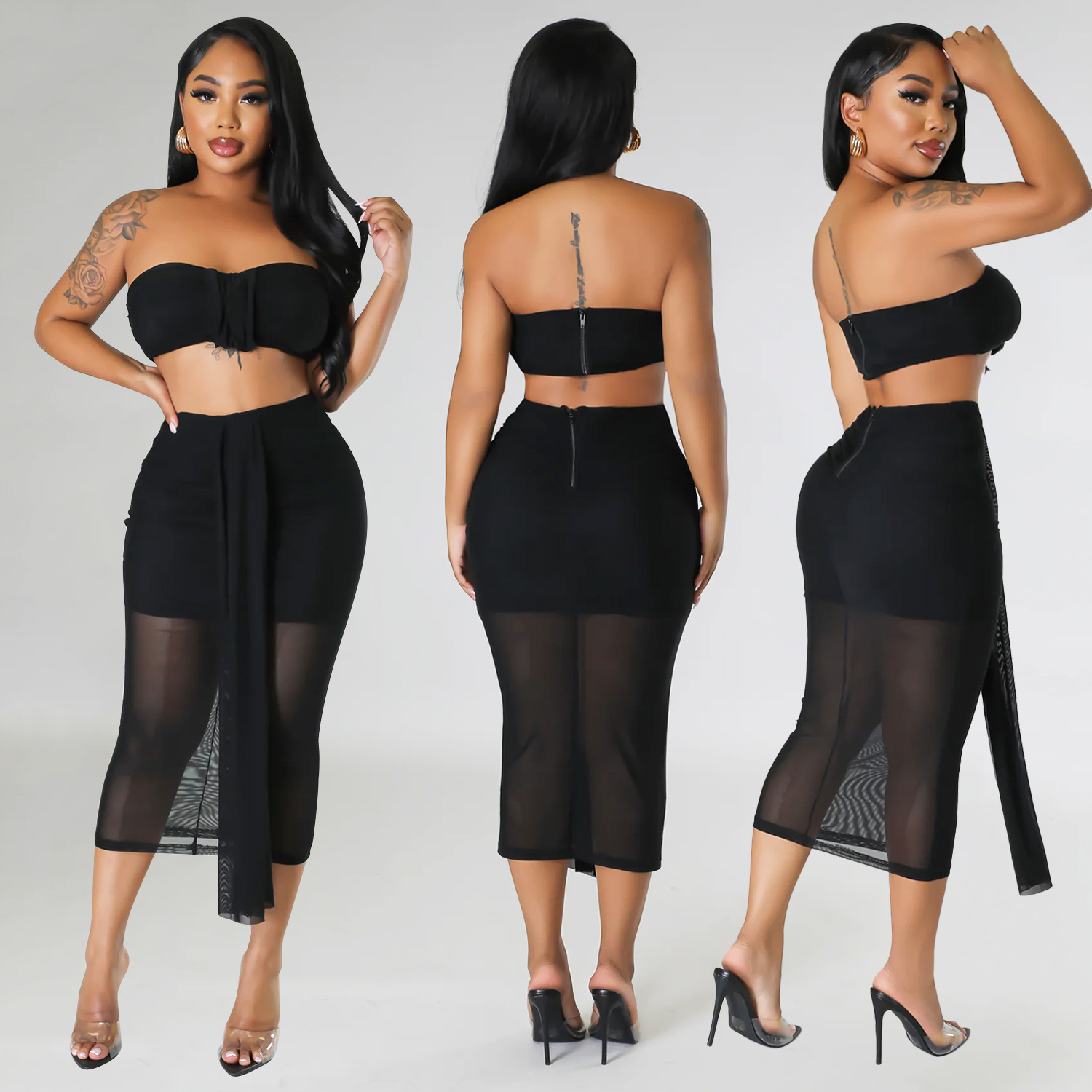 Summer women's sexy mesh See-Through skirt two-piece set
