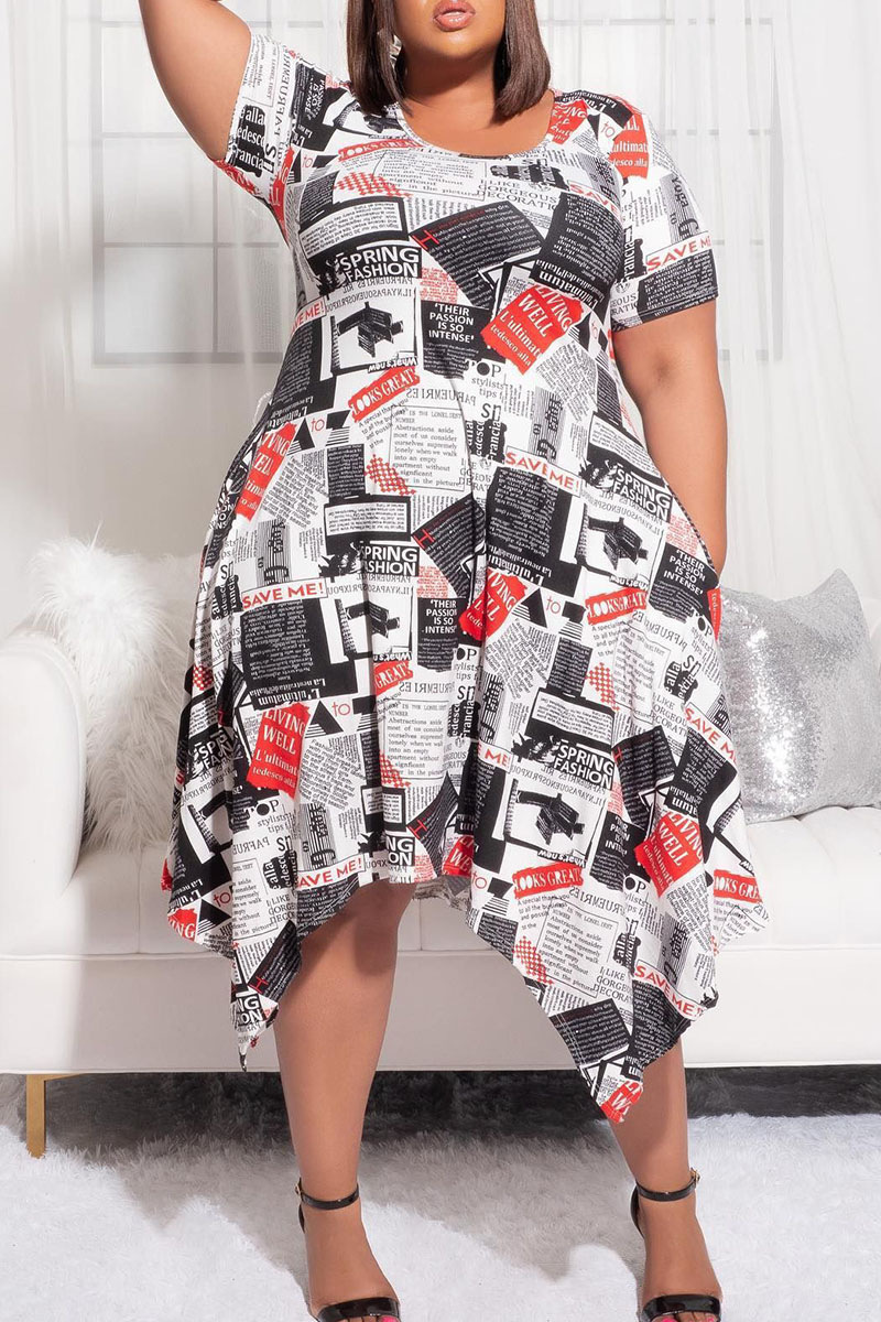Plus Size Women Short Sleeve Round Neck Print Dress