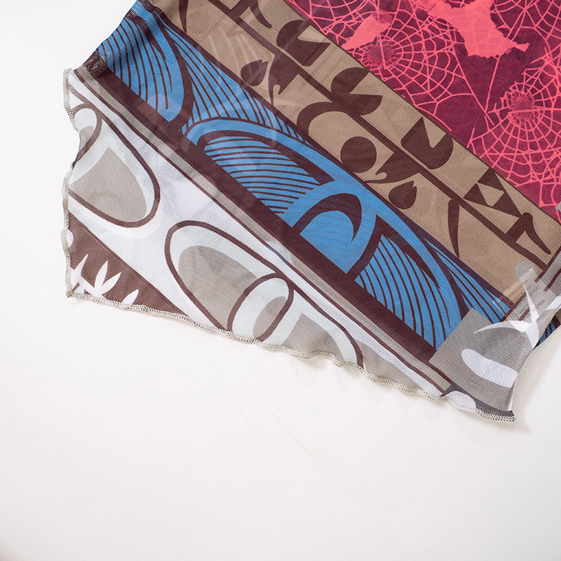 Women's Summer Sexy Mesh Digital Printing Round Neck Long Sleeve Crop Top