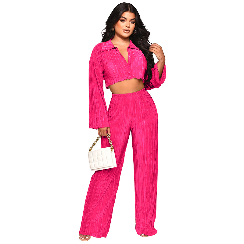 Women Solid Sexy Shirt and Casual Pants Two Piece Set