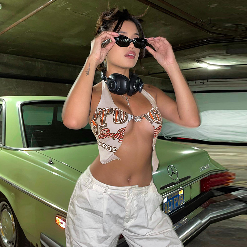 Womens Halter Neck Print Crop Tank Top