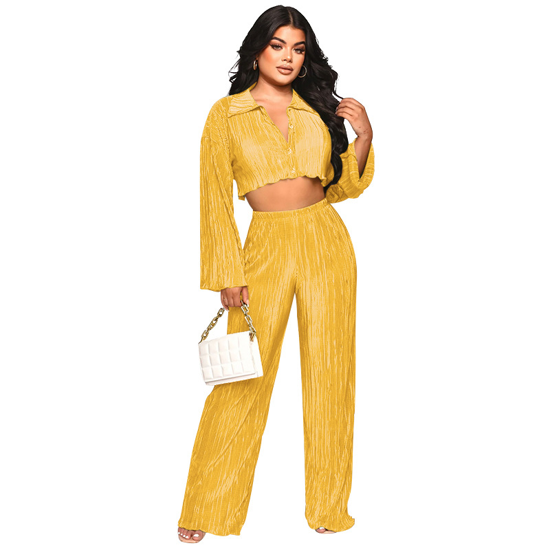 Women Solid Sexy Shirt and Casual Pants Two Piece Set