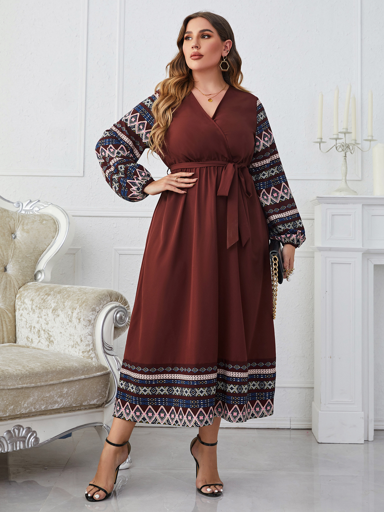 Plus Size Women Tie V-Neck Long Sleeve Dress