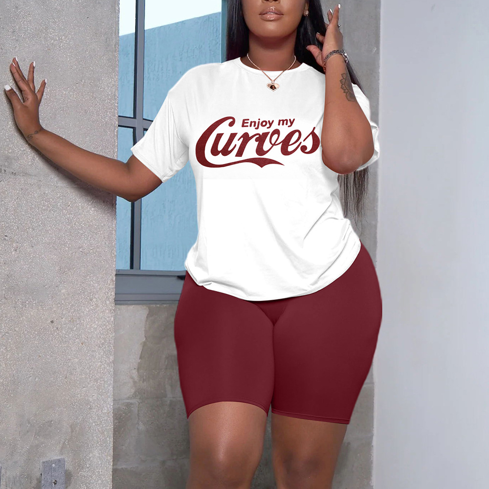 Women Clothing Casual Letter Print Round Neck Short Sleeve Top and Shorts Sports Two Piece Set