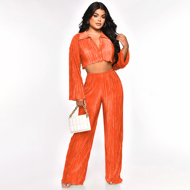 Women Solid Sexy Shirt and Casual Pants Two Piece Set