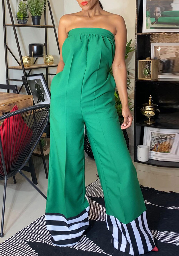 Women Sexy Color Contrast Patchwork Stripe Off Shoulder Wide Leg Jumpsuit