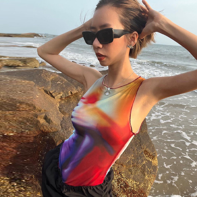 Women Summer Mesh Print Round Neck Sleeveless Boysuit