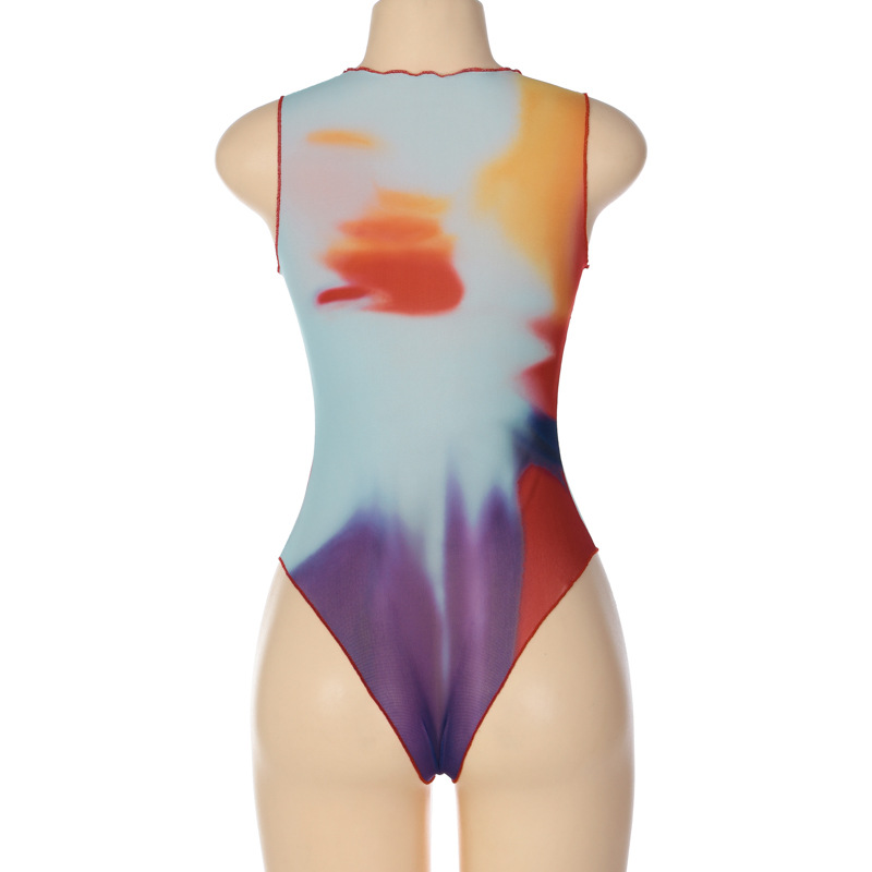 Women Summer Mesh Print Round Neck Sleeveless Boysuit