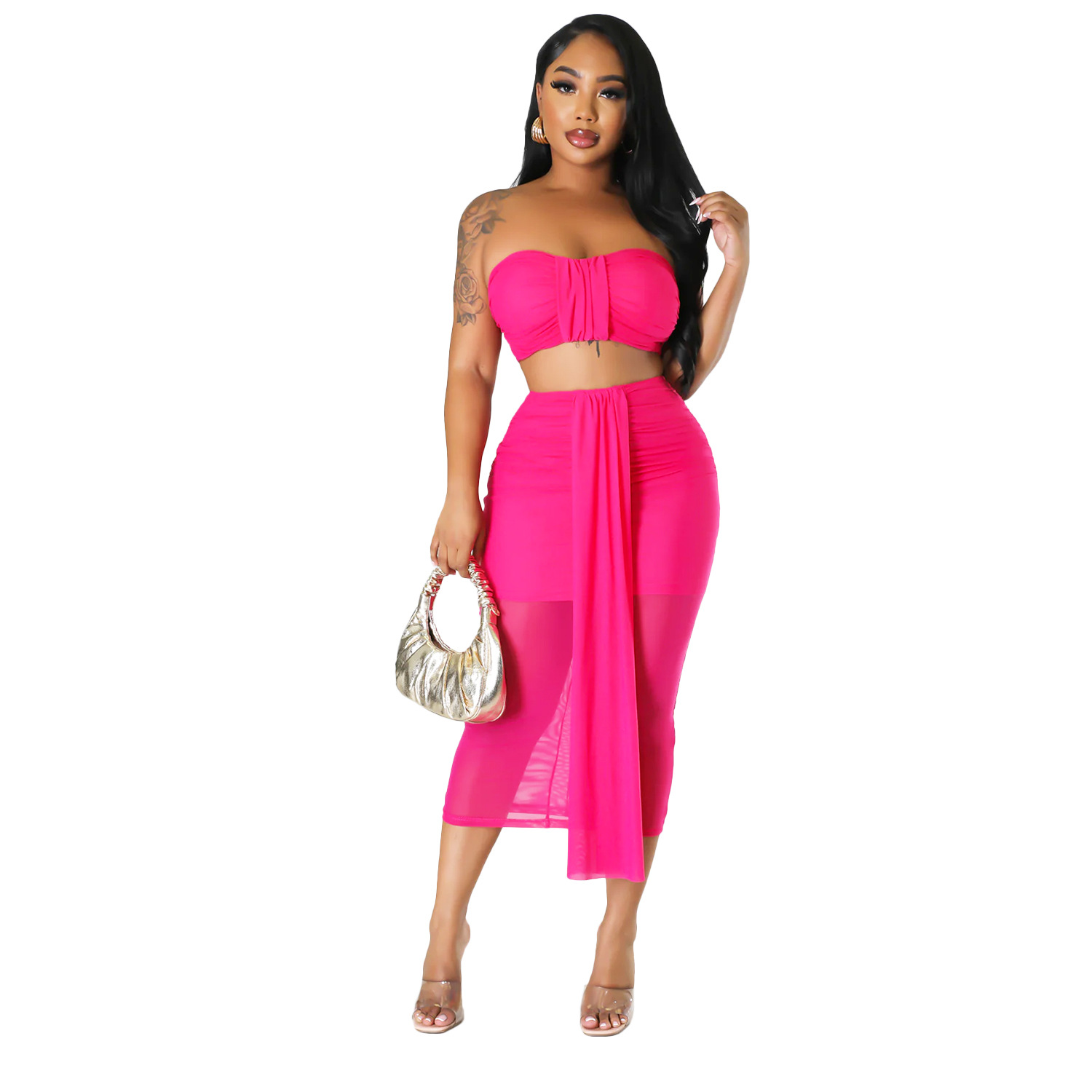 Summer women's sexy mesh See-Through skirt two-piece set