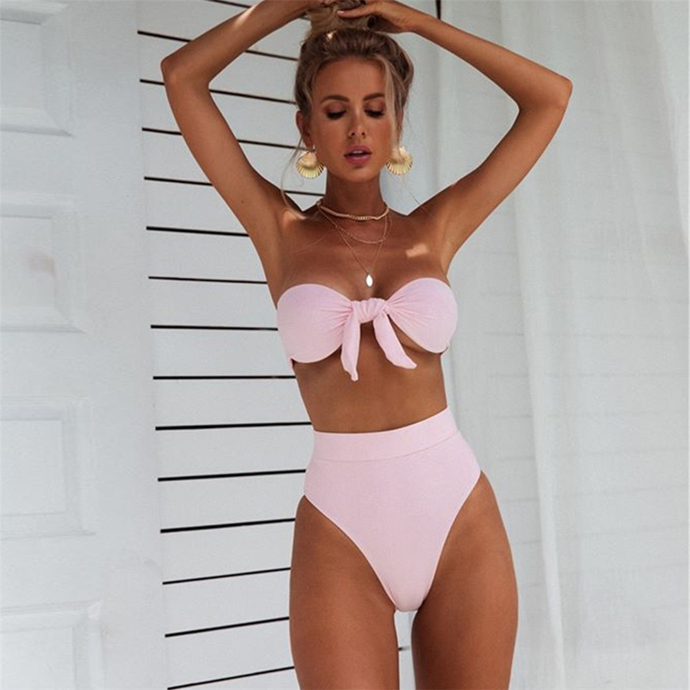 High Waist Women Two Pieces Bikini Strapless Ribbed Swimsuit
