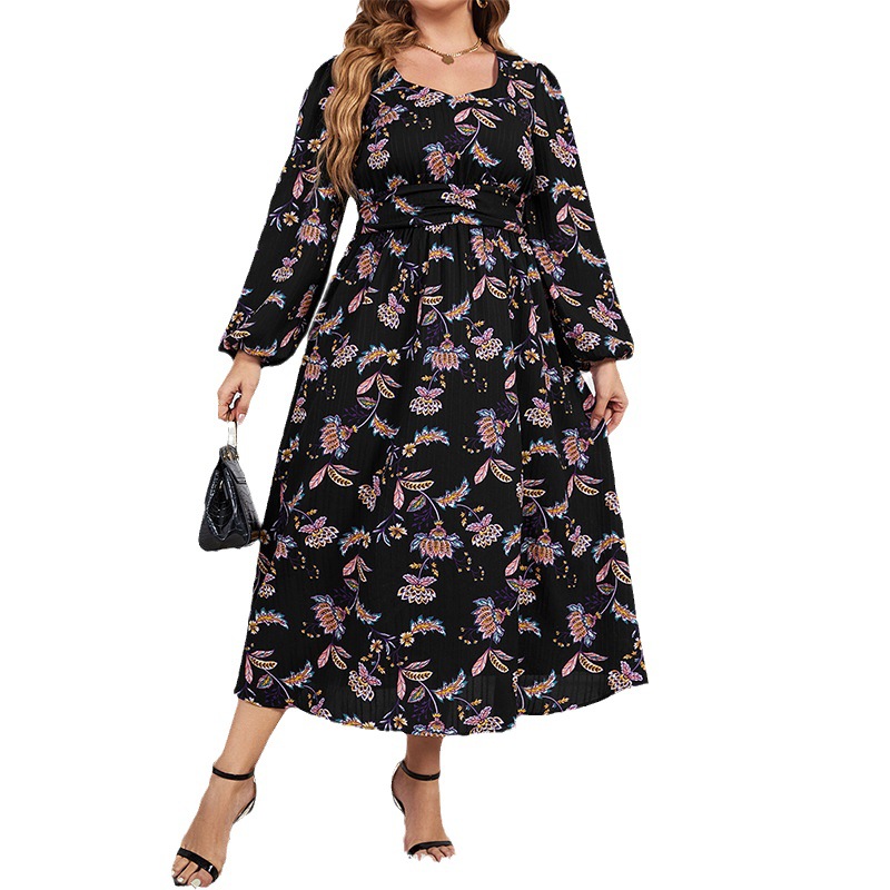 Printed Loose Chic Slim Waist Slim Fit High Waist Long Sleeve Floral Dress Women