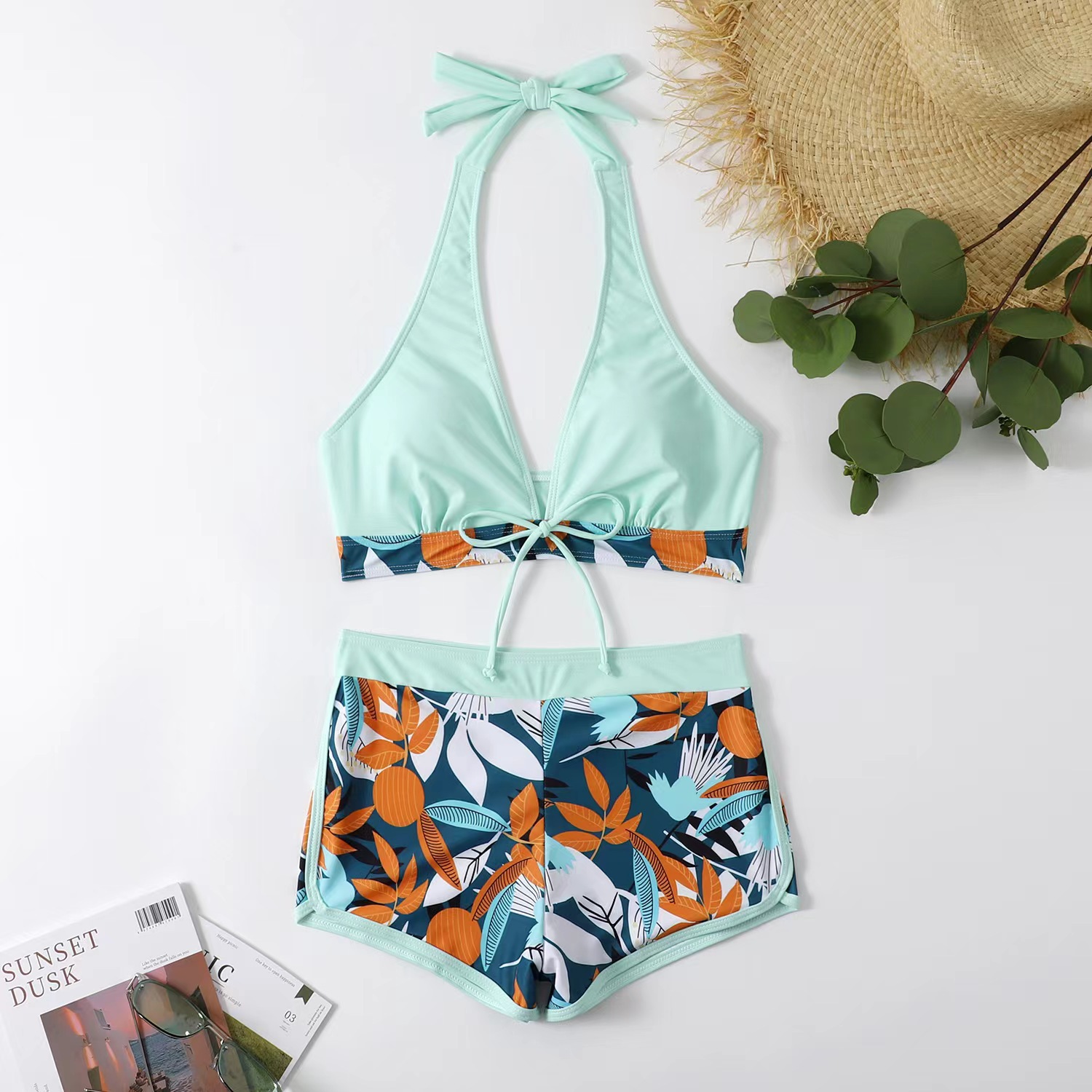Women's Swimsuit Two Pieces High Waist Patchwork Tie Square Leg Varsity Sport Surf Bikini
