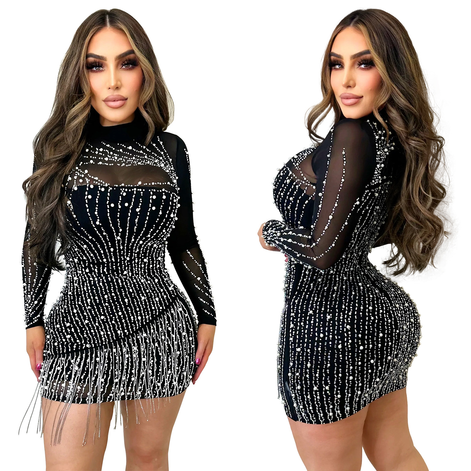 Women's Fashion Long Sleeve Mesh Beaded Bubble Bead Dress