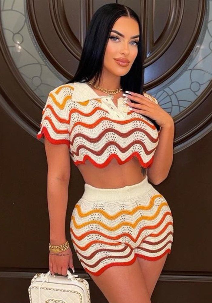Women Knitting Casual Stripe Short Sleeve Top and Shorts Two Piece Set