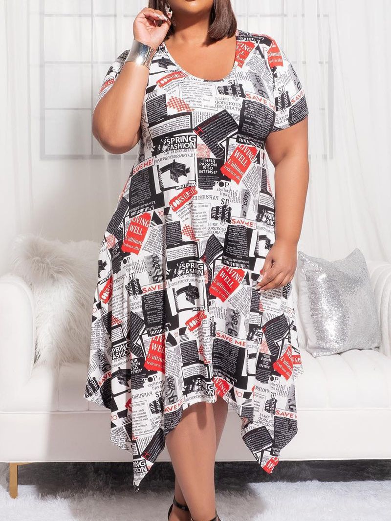 Plus Size Women Short Sleeve Round Neck Print Dress