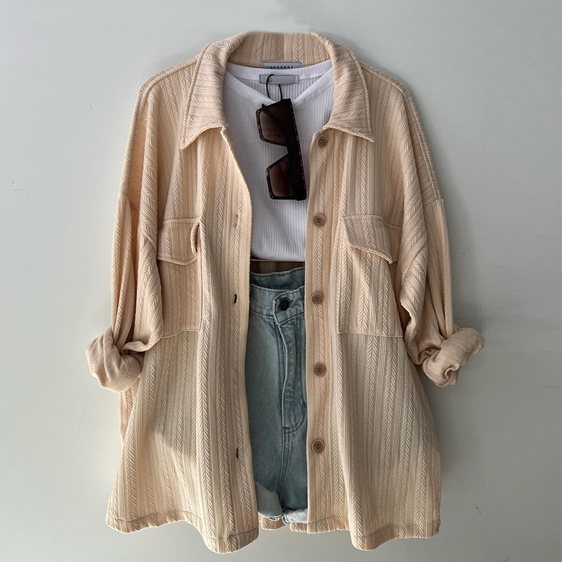 Women's Spring Loose Plus Size Patch Pockets Turndown Collar Long Sleeve Shirt