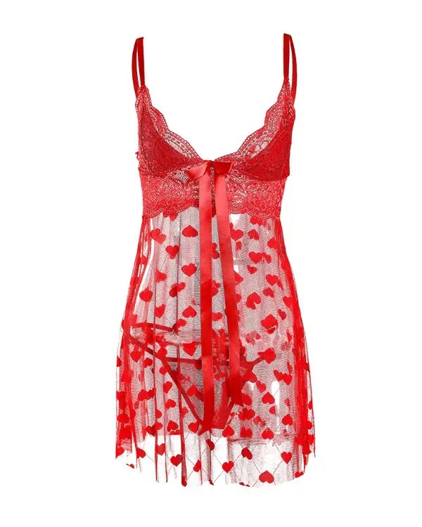 Sexy lingerie sexy women's mesh sling Heart Print temptation pajamas nightdress