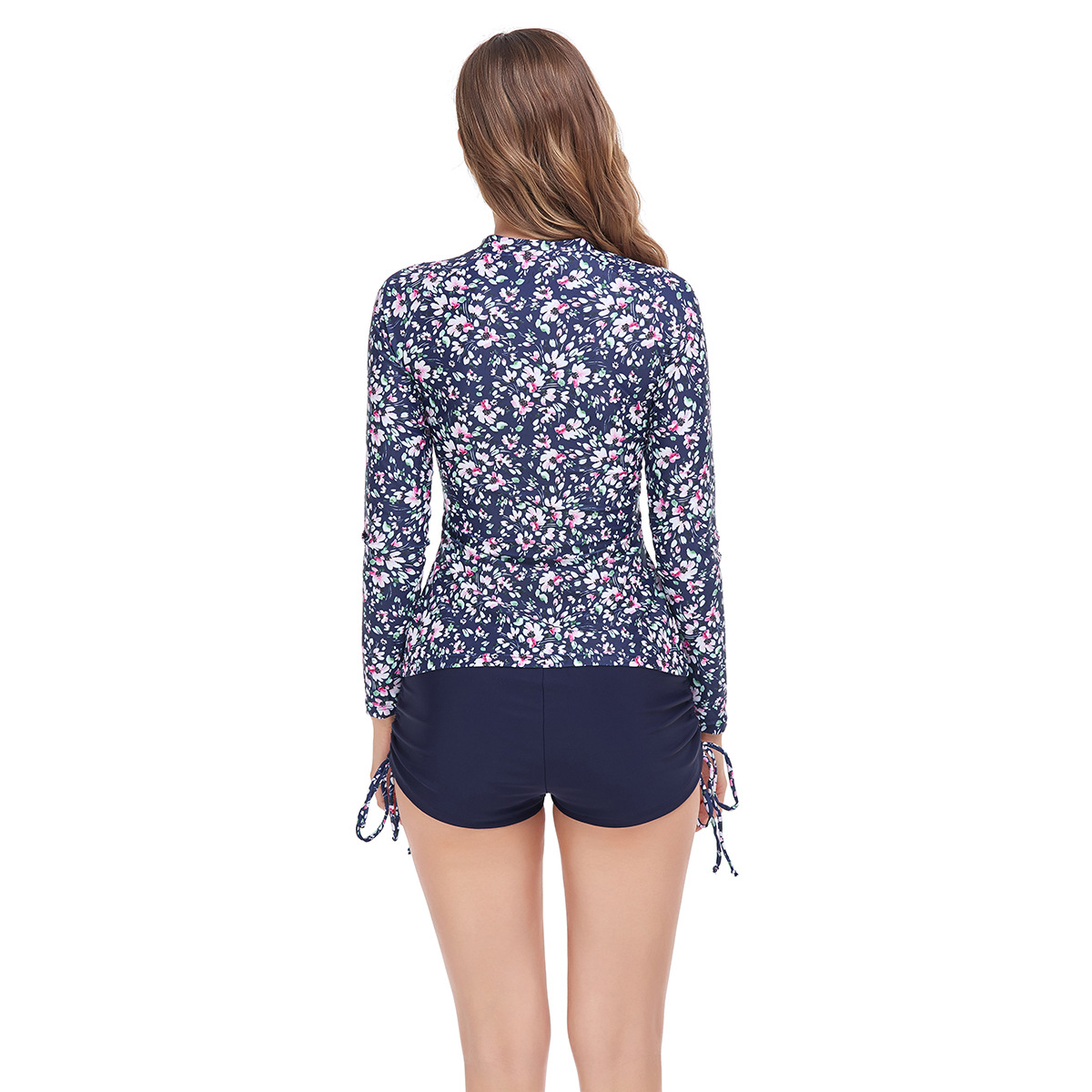 Women's Surf Swimsuit Printed Long Sleeve Sun Protection Zipper Tight Fitting Drawstring Square Leg Shorts Slim Fit Two Pieces Swimwear