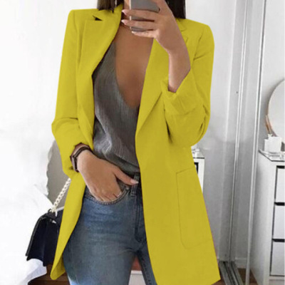 Spring Fall Women's Long Sleeve Plain Pocket Cardigan Blazer Jacket