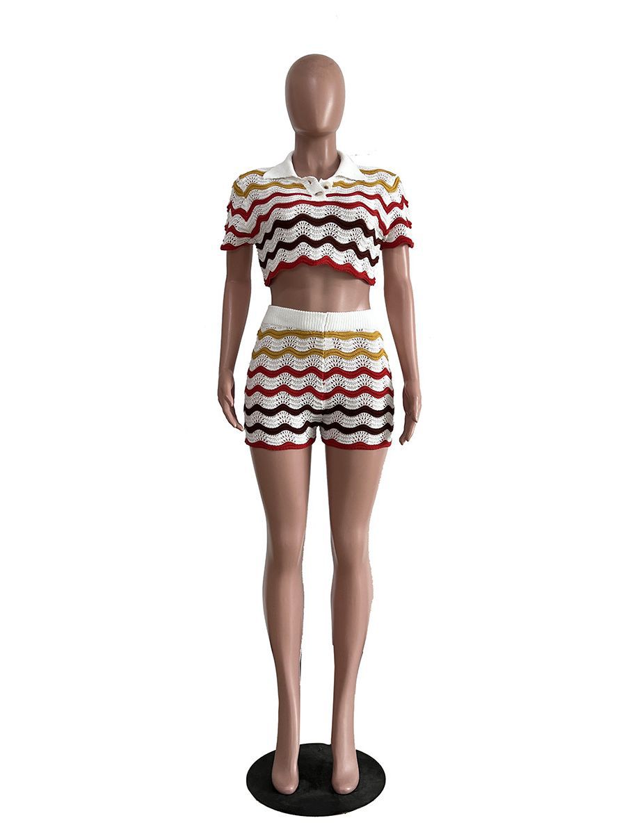 Women Knitting Casual Stripe Short Sleeve Top and Shorts Two Piece Set