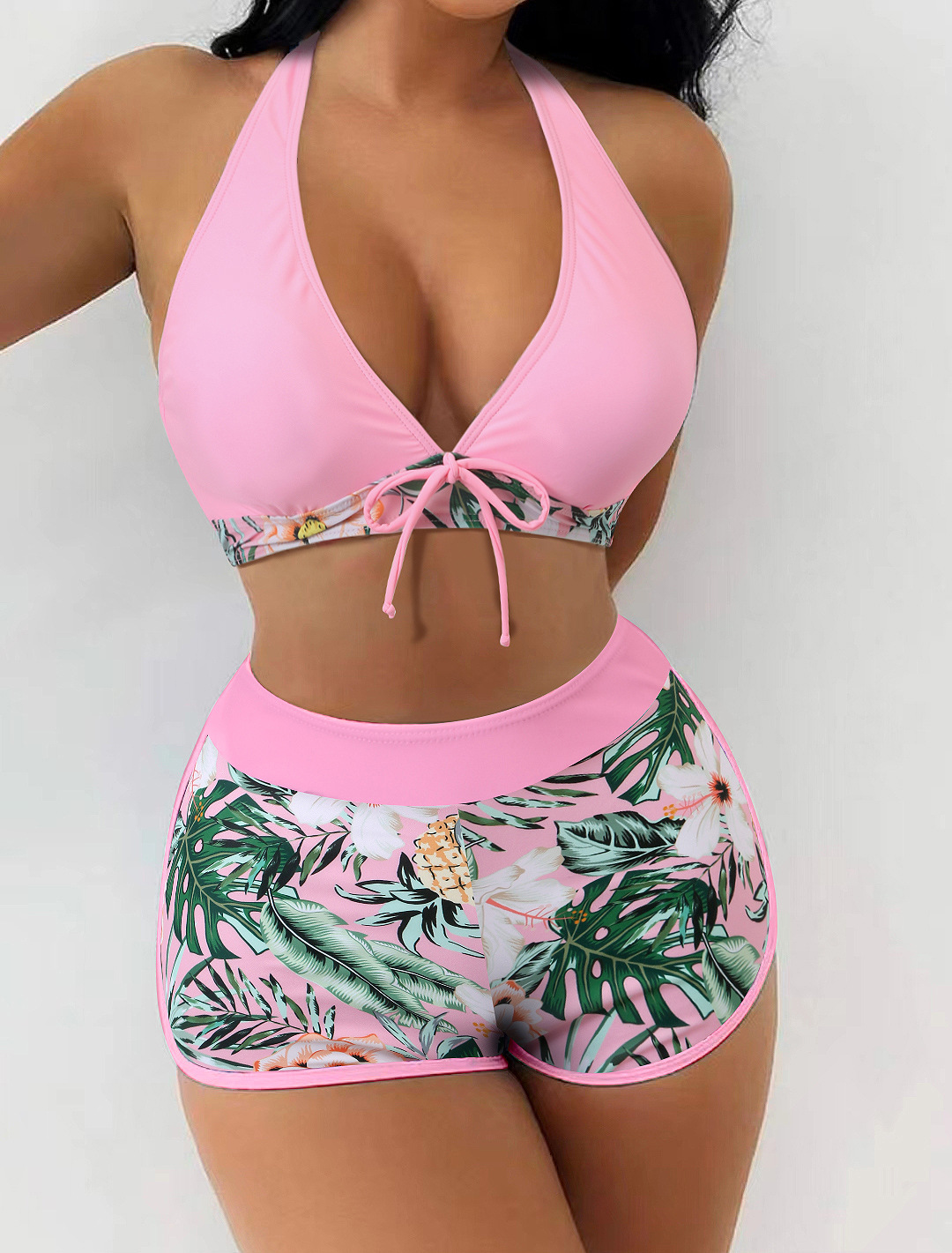 Women's Swimsuit Two Pieces High Waist Patchwork Tie Square Leg Varsity Sport Surf Bikini