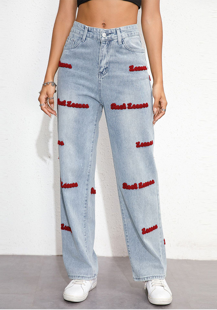 Women's Loose Wide Leg Sexy High Waist Letter Ripped Plus Size Denim Pants