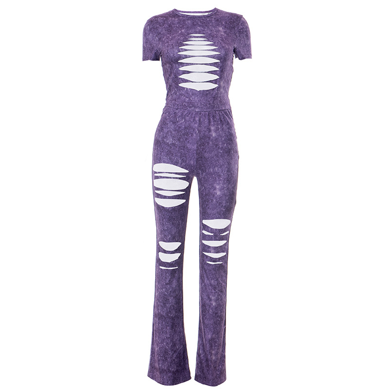 Women Summer Ripped Short Sleeve Top and Pant Casual Two Piece Set