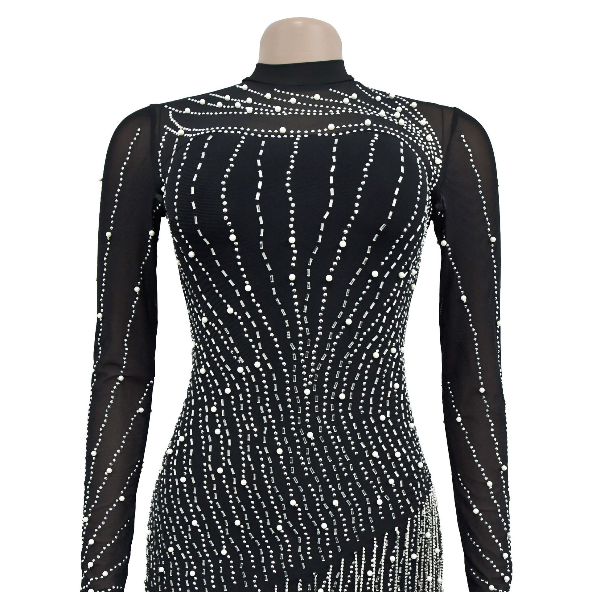 Women's Fashion Long Sleeve Mesh Beaded Bubble Bead Dress