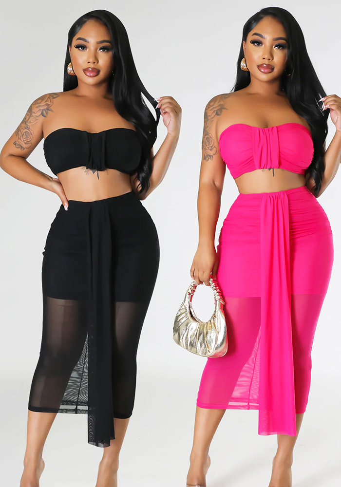 Summer women's sexy mesh See-Through skirt two-piece set